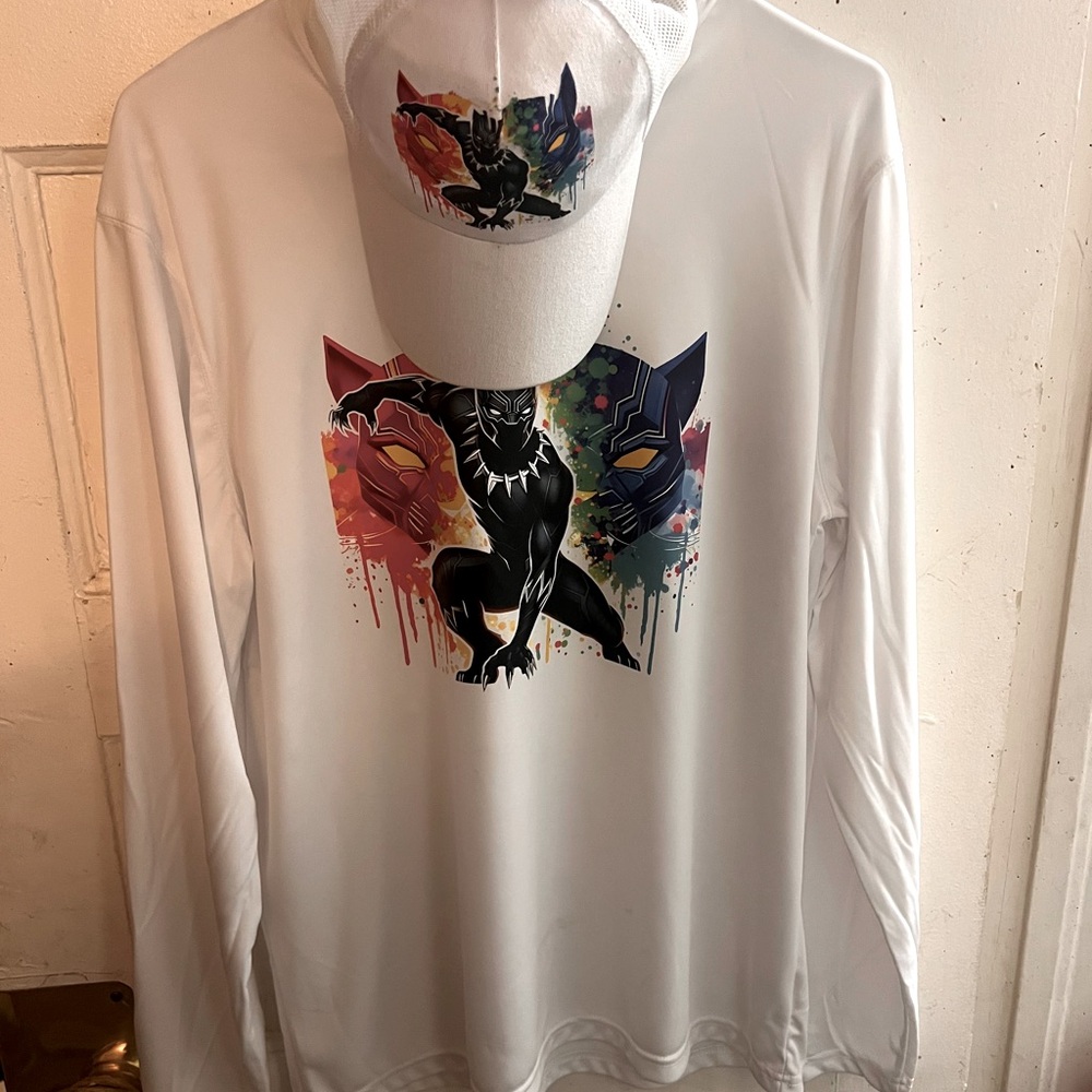 Black panther t shirt and cap on white shirt and cap